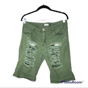 Mens army green distressed Bermuda knee denim jean shorts
